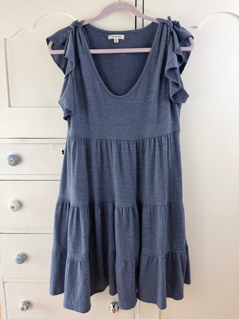Max Studio Dusty Blue Tiered Ruffle-Sleeve Mini Dress M
